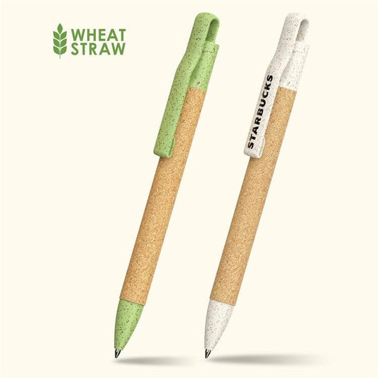 Lapiceras con plástico a base de trigo y corcho. Para regalos empresariales se pueden personalizar con logo utilizando grabado láser o impresión uv