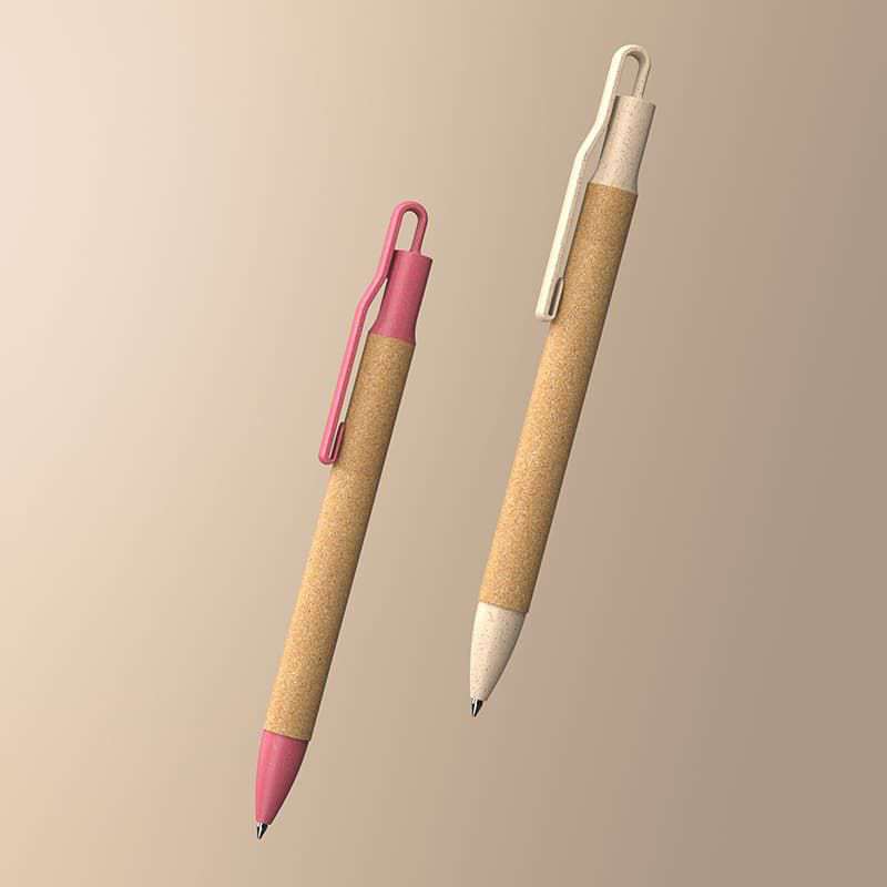 Lapiceras con plástico a base de trigo y corcho. Para regalos empresariales se pueden personalizar con logo utilizando grabado láser o impresión uv