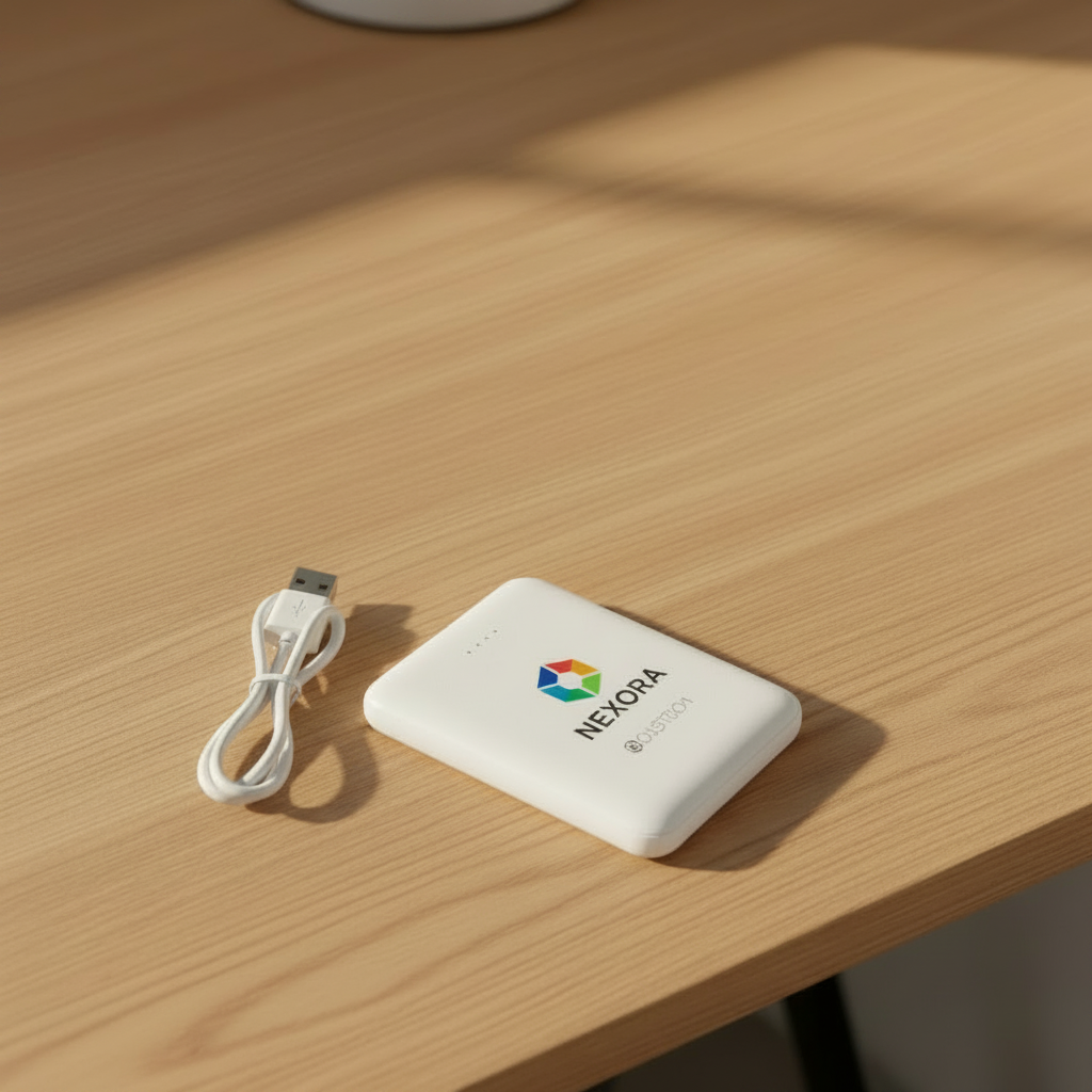Power Bank Calidad Superior en escritorio. Logo personalizado, regalo empresarial.