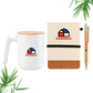 Taza, libreta y lapicera, todos personalizados con logo. Forman parte de un set ecológico.