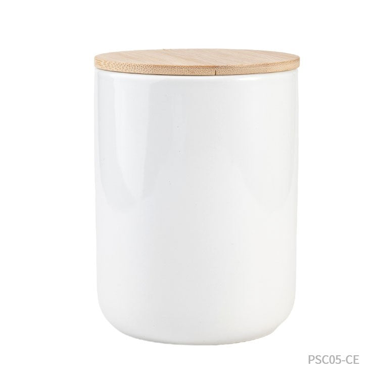 Taza de cerámica con tapa de bambú.  Puede personalizarse con un logo para regalos empresariales