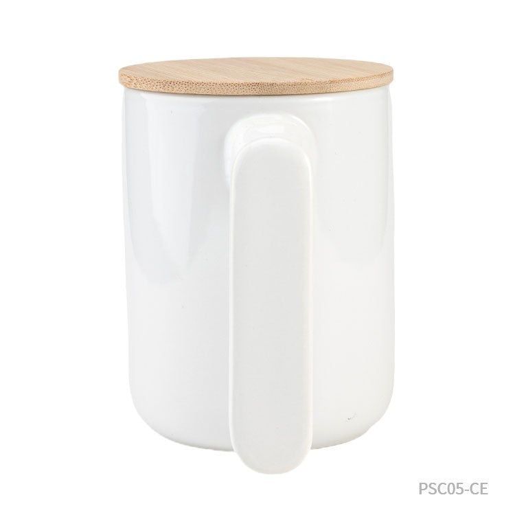 Taza de cerámica con tapa de bambú.  Puede personalizarse con un logo para regalos empresariales