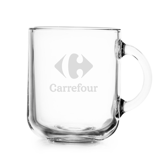 Taza de vidrio para café. Para regalos empresariales se puede personalizar con un logo utilizando grabado láser o impresión UV.