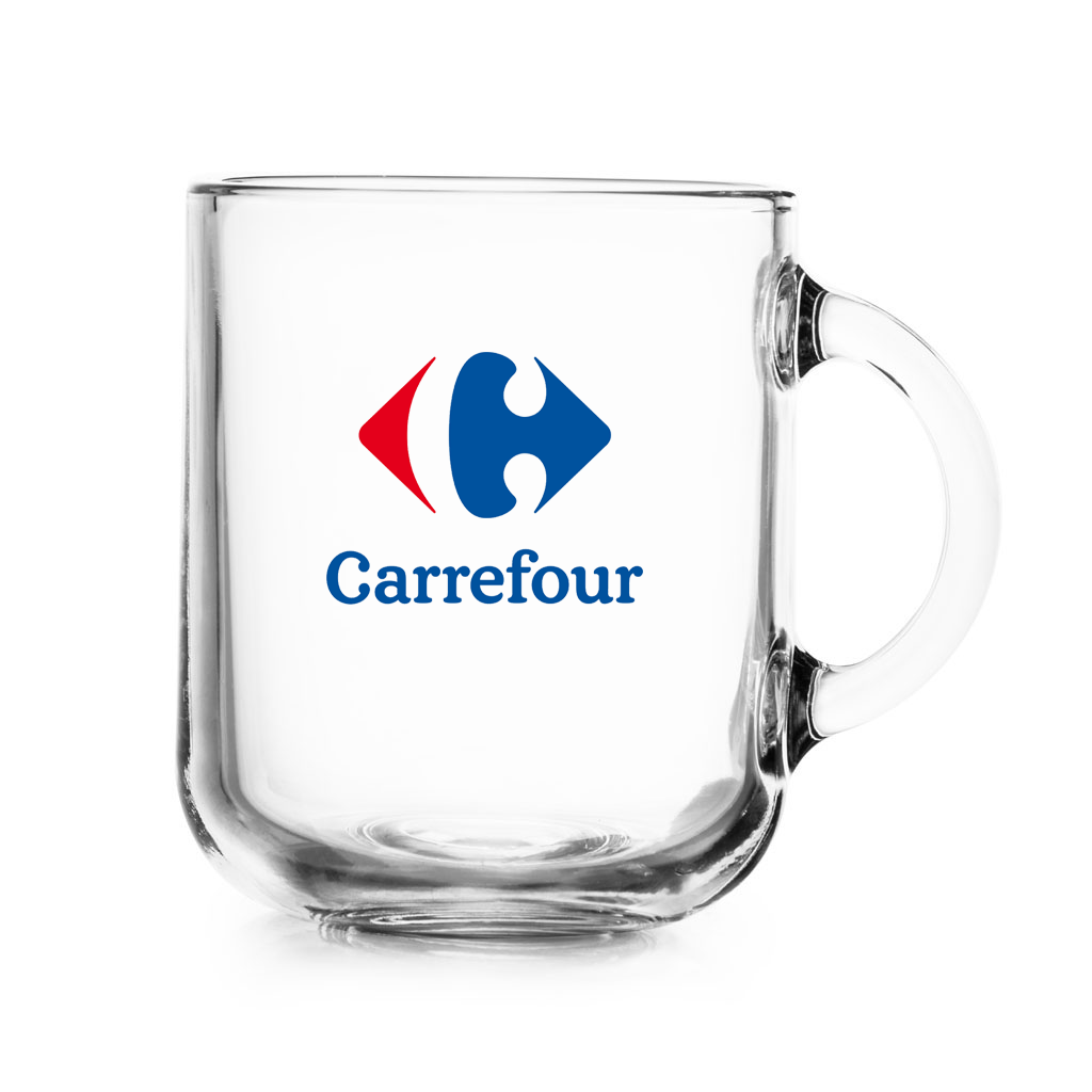 Taza de vidrio para café. Para regalos empresariales se puede personalizar con un logo utilizando grabado láser o impresión UV.
