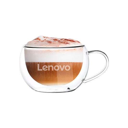 Taza de doble pared de vidrio. Para regalos empresariales se puede personalizar utilizando grabado láser o impresión UV.