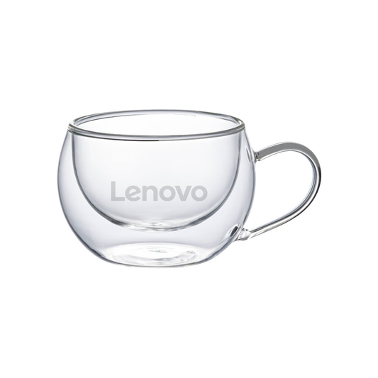 Taza de doble pared de vidrio. Para regalos empresariales se puede personalizar utilizando grabado láser o impresión UV.