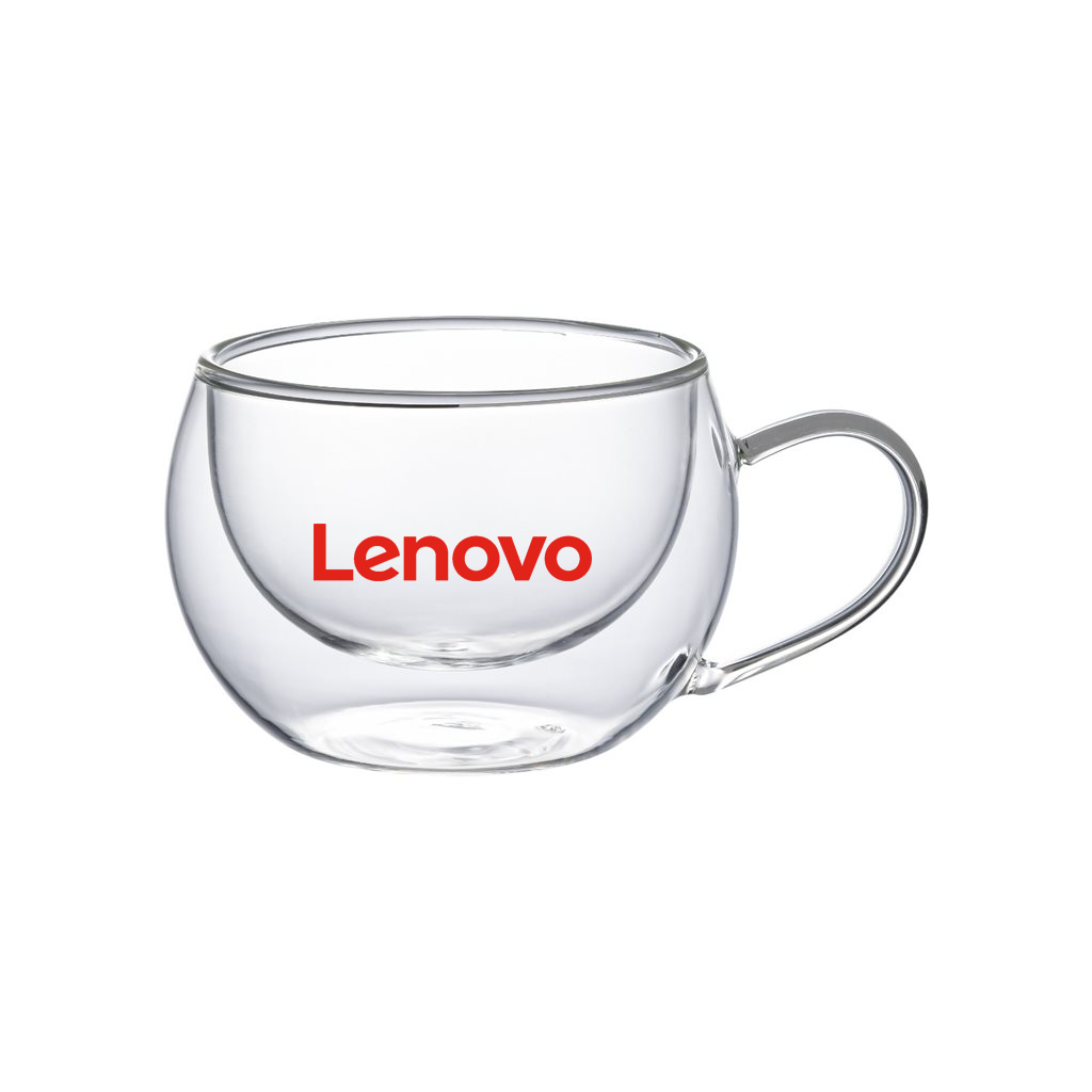 Taza de doble pared de vidrio. Para regalos empresariales se puede personalizar utilizando grabado láser o impresión UV.