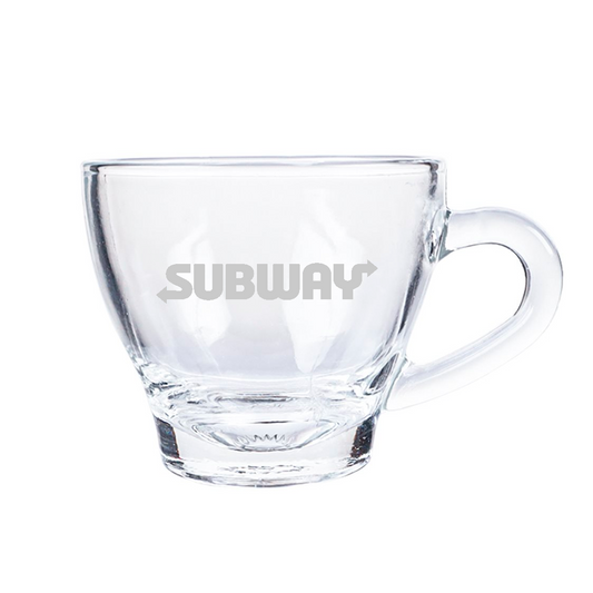 Taza de vidrio. Para regalos empresariales se puede personalizar utilizando grabado láser o impresión UV.
