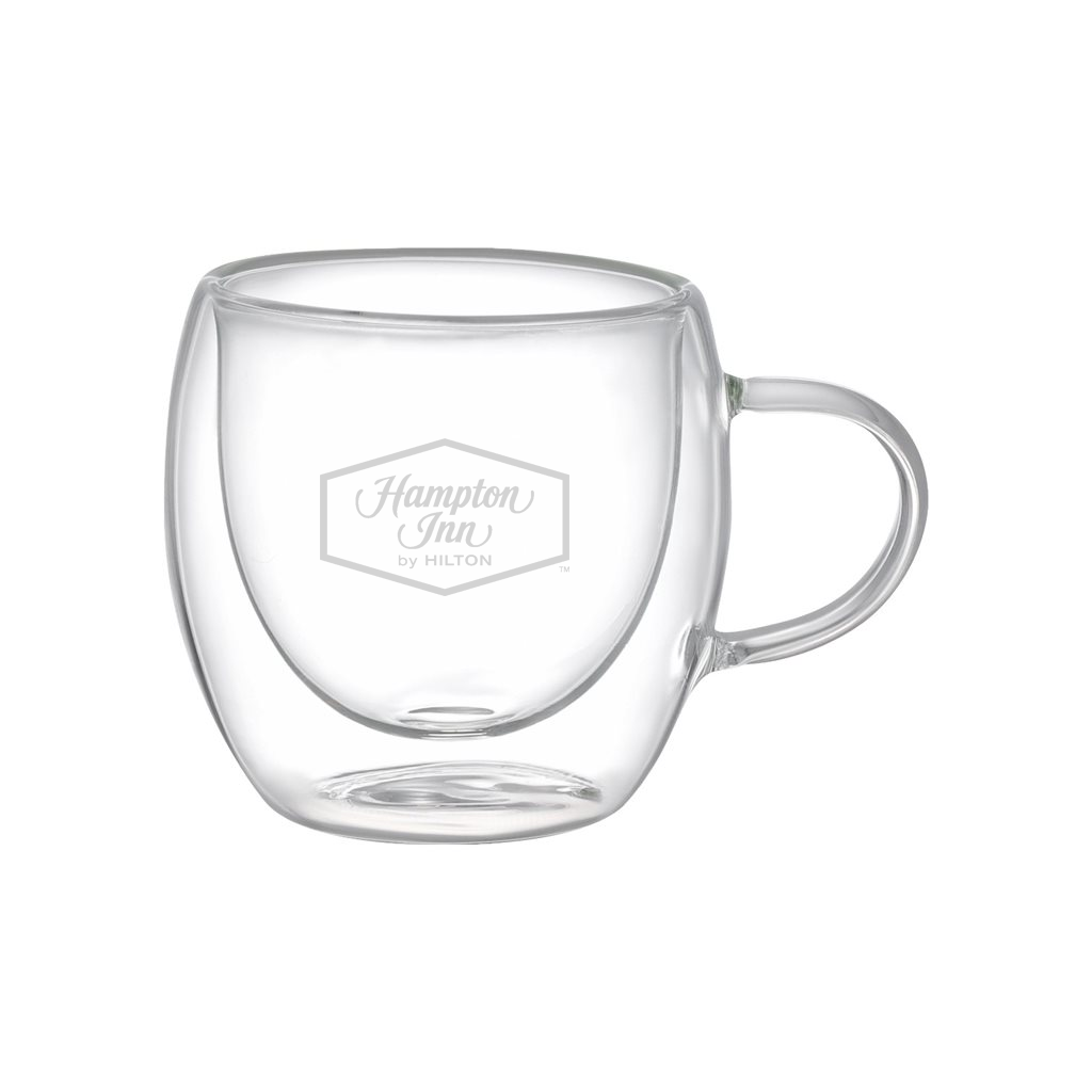 Taza de doble pared de vidrio. Para regalos empresariales se puede personalizar utilizando grabado láser o impresión UV.