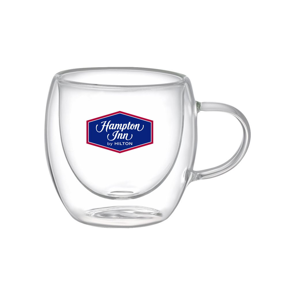 Taza de doble pared de vidrio. Para regalos empresariales se puede personalizar utilizando grabado láser o impresión UV.