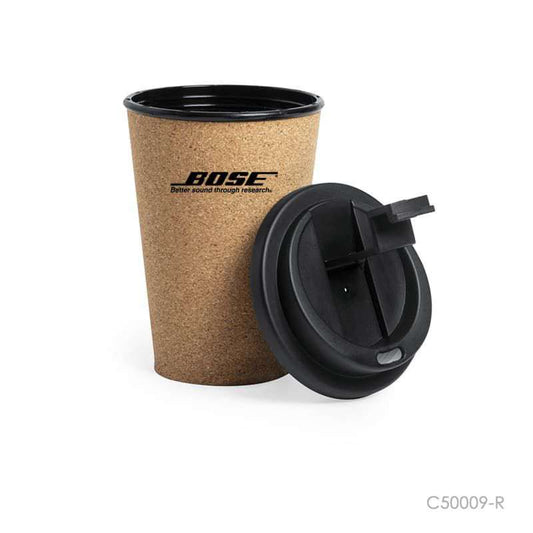Vaso para café con corcho, plástico pp y tapa. Puede personalizarse para regalos empresariales con la impresión UV de un logo