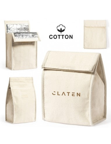 Bolsa térmica de algodón y aluminio. Para regalos empresariales se puede personalizar con un logo.