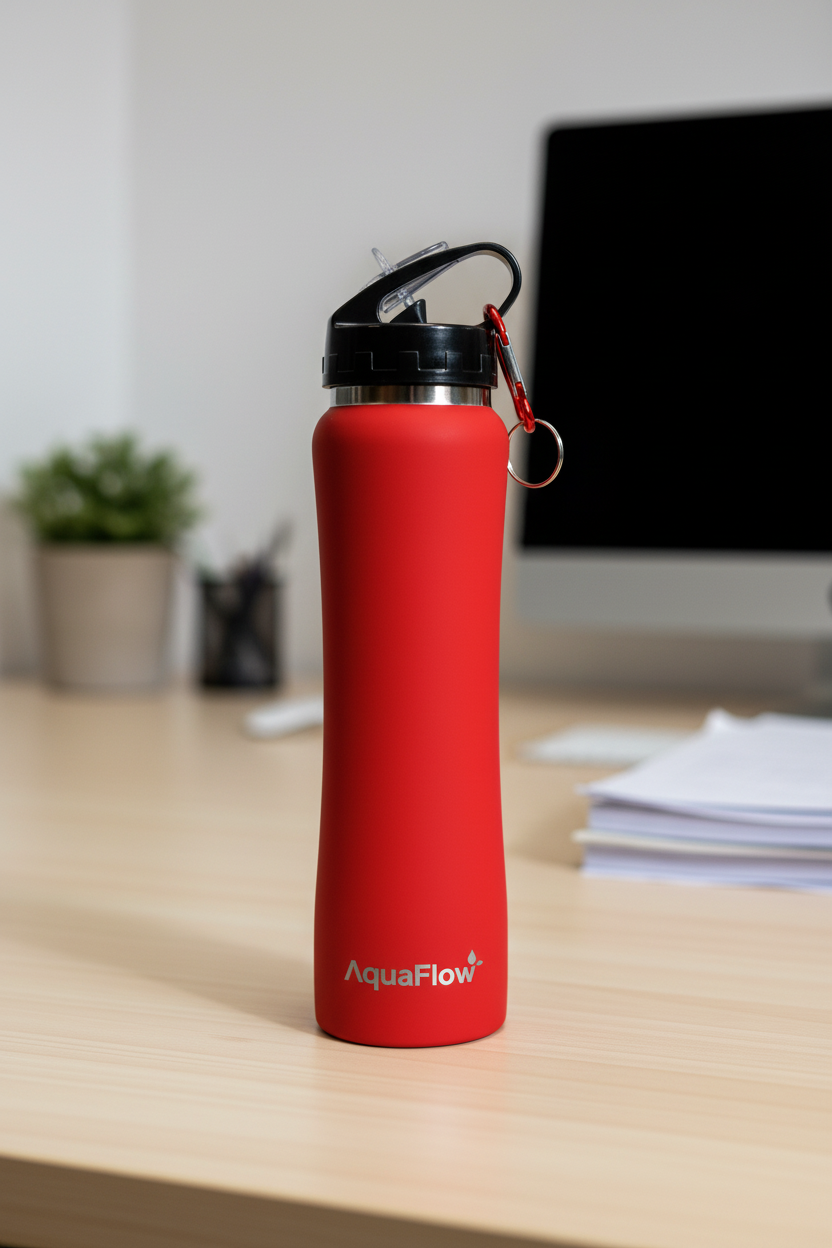Botella deportiva roja en escritorio. Logo personalizado, regalo empresarial.