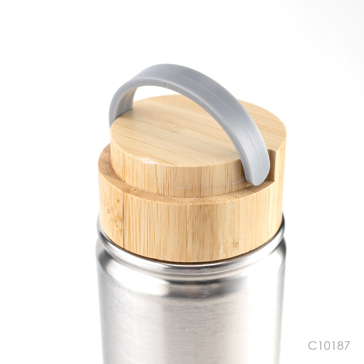 Botella Drina con tapa de bambú. Logo personalizado, regalo empresarial.