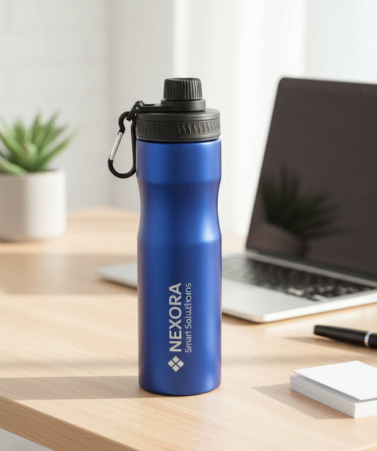 Botella Loira color azul de acero con logo personalizado, regalo empresarial.