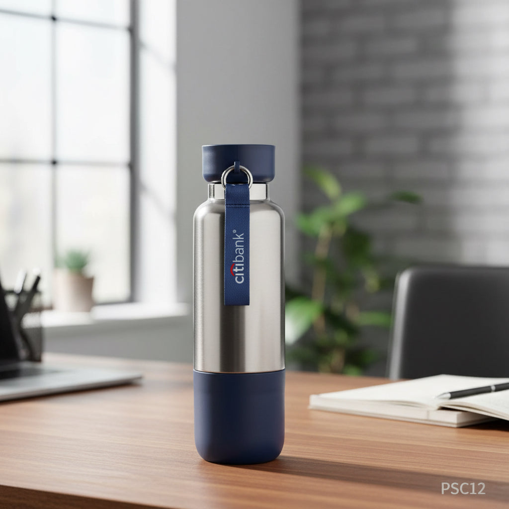 Botella Olimar de color azul. Cinta con logo personalizad. Regalo empresarial.