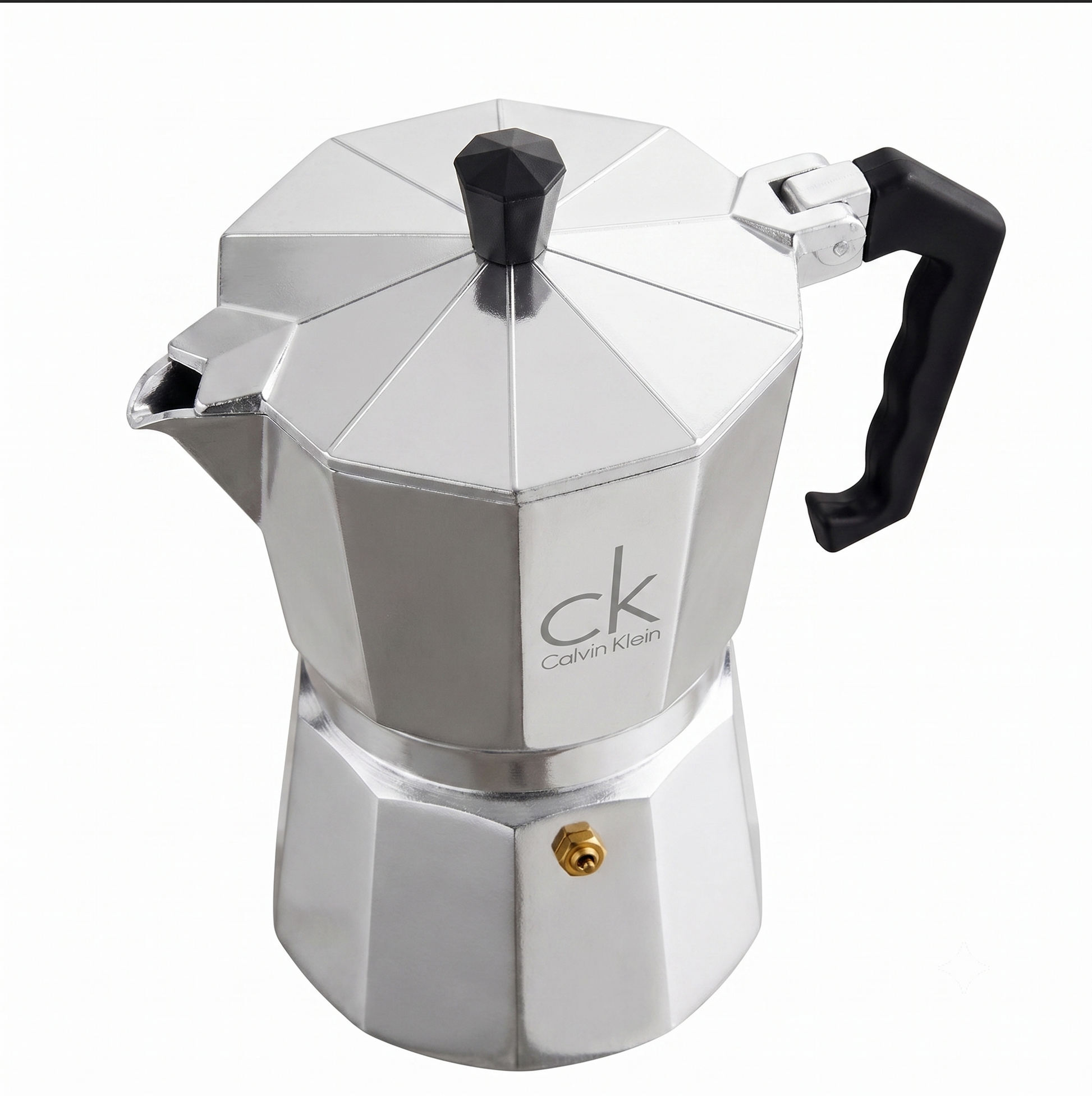 Cafetera Italiana de aluminio detalle parte de arriba. Logo personalizado, regalo empresarial.