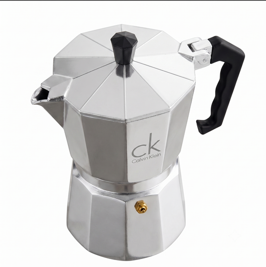 Cafetera Italiana de aluminio detalle parte de arriba. Logo personalizado, regalo empresarial.