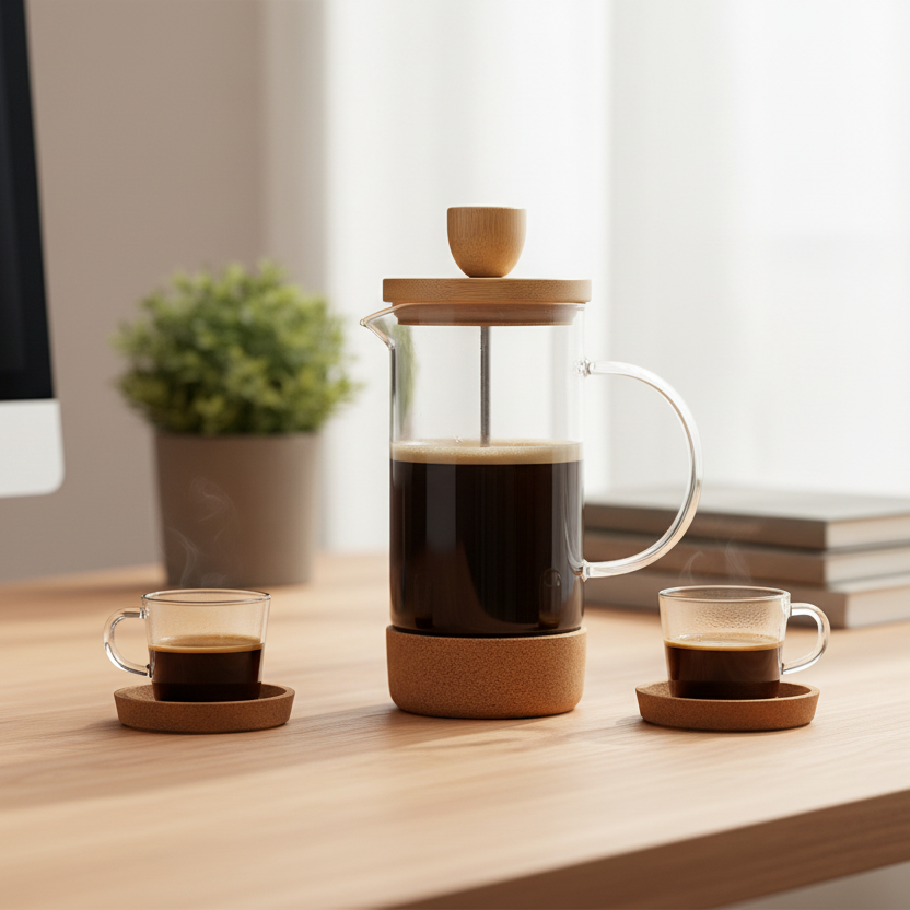 Cafetera/Tetera Delta en escritorio. Logo personalizado, regalo empresarial.