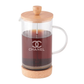 Cafetera-tetera de vidrio y bambú. Logo personalizado, regalo empresarial.