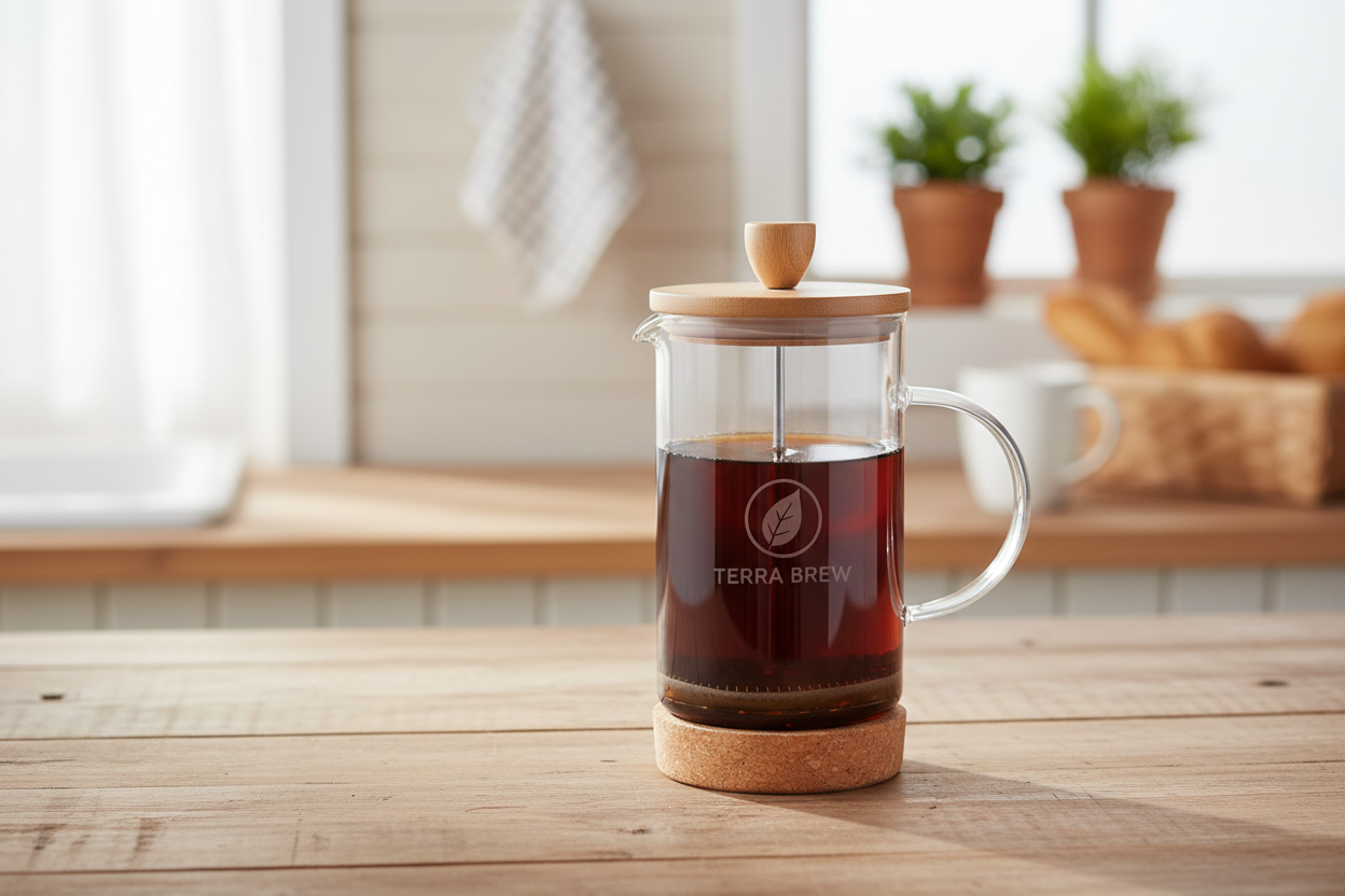 Cafetera-tetera de vidrio transparente. Logo personalizado, regalo empresarial.