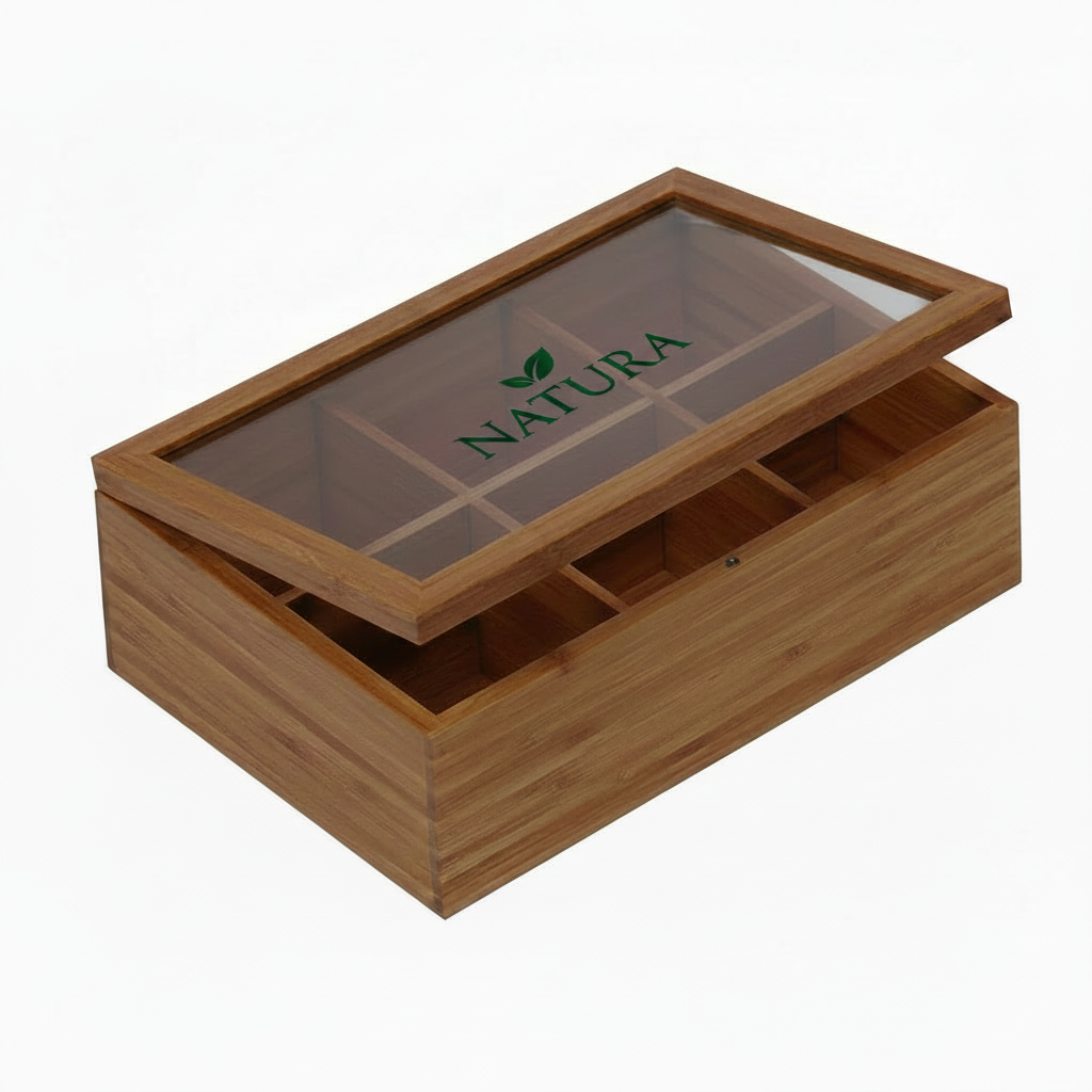 Caja para té de 6 divisiones. Logo personalizado, regalo empresarial.