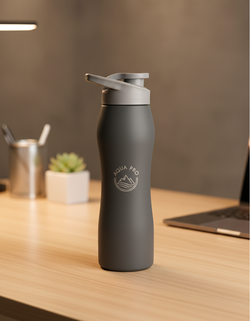 Caramañola de acero de color negro en escritorio. Logo personalizado, regalo empresarial.