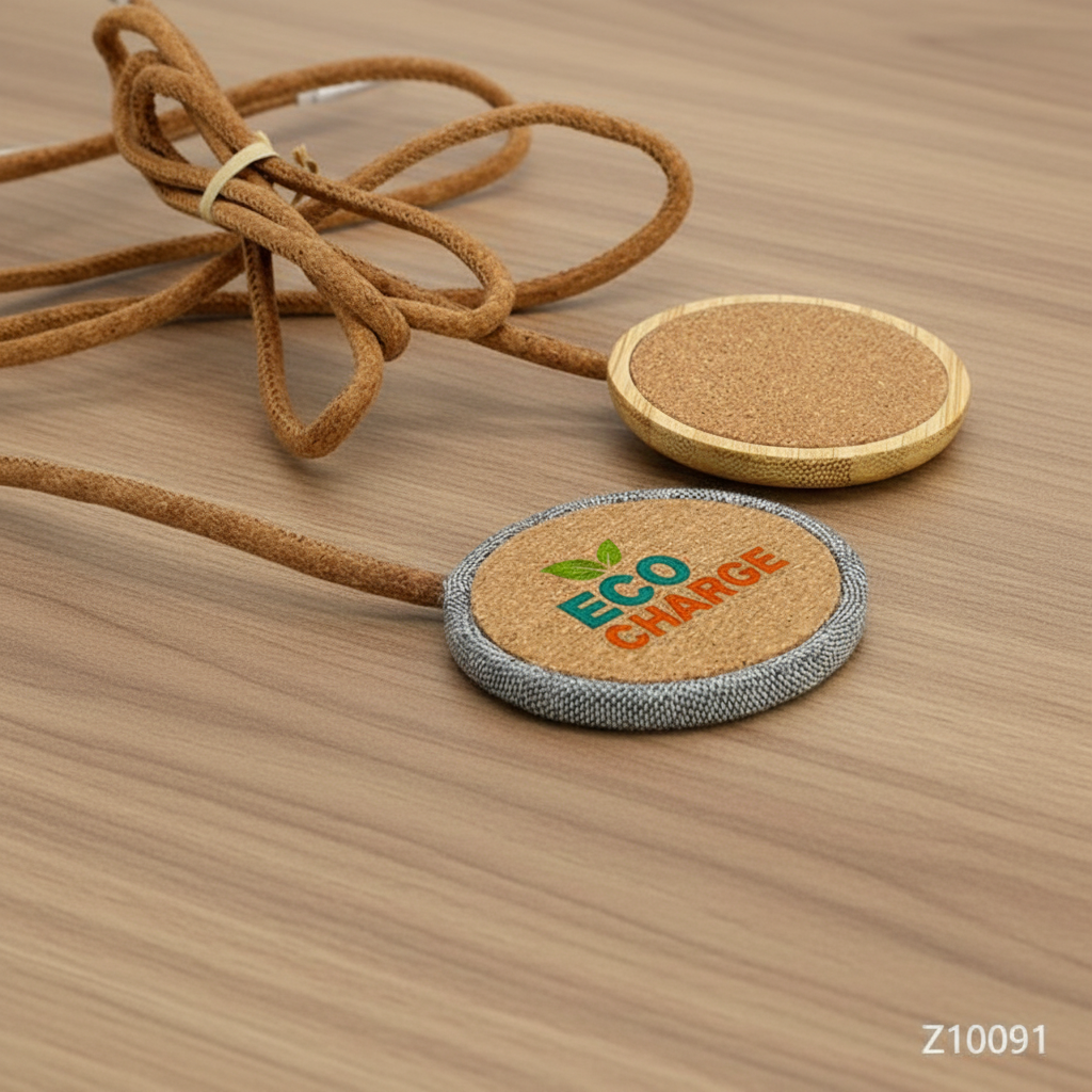Cargador inalámbrico Alamos sobre escritorio. Logo personalizado, regalo empresarial.