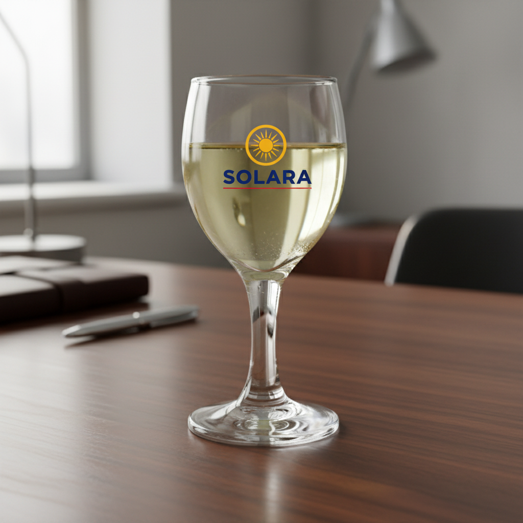 Copa de vino blanco en escritorio. Logo personalizado, regalo corporativo.