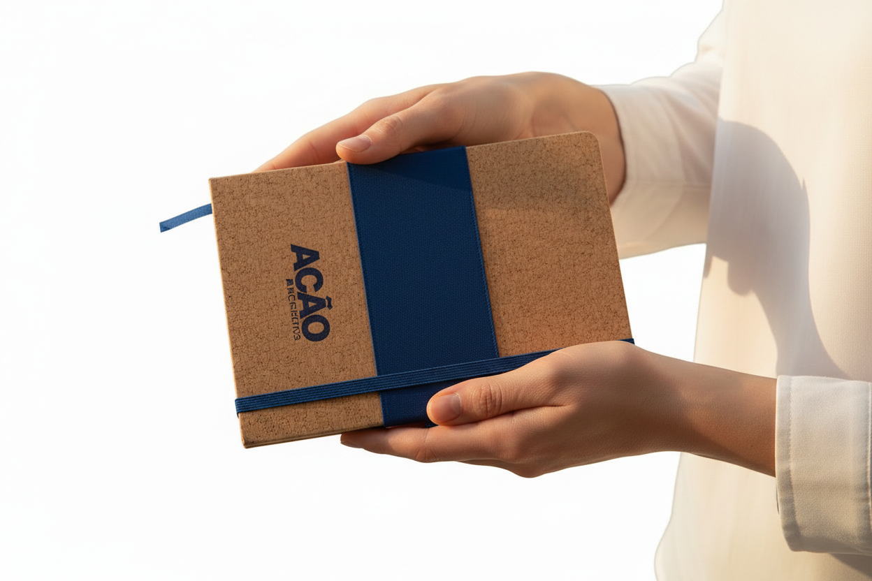 Cuaderno dover de color azul con logo personalizado. Regalo empresarial.