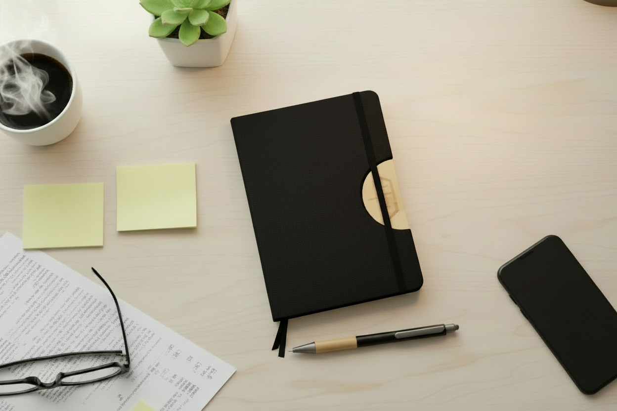 Cuaderno y lapicera del kit cercanía. Logo personalizado, regalo empresarial.