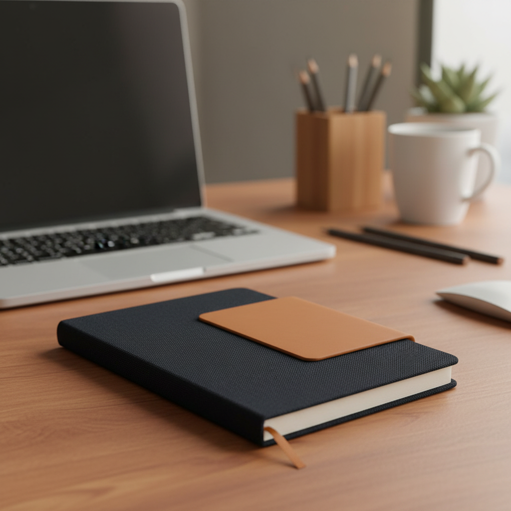 Cuaderno Milán en escritorio. Logo personalizado, regalo corporativo.