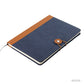 Cuaderno Montreal tamaño A5 de tela reciclada color azul. Logo personalizado, regalo empresarial.