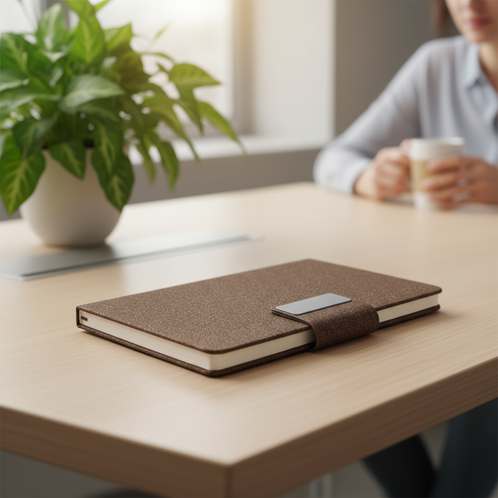 Cuaderno salento, tela a base de café. Con 80 hojas. Logo personalizado, regalo empresarial.