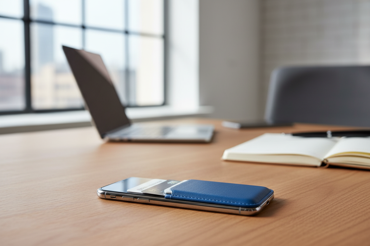 Tarjetero azul en uso en escritorio de oficina