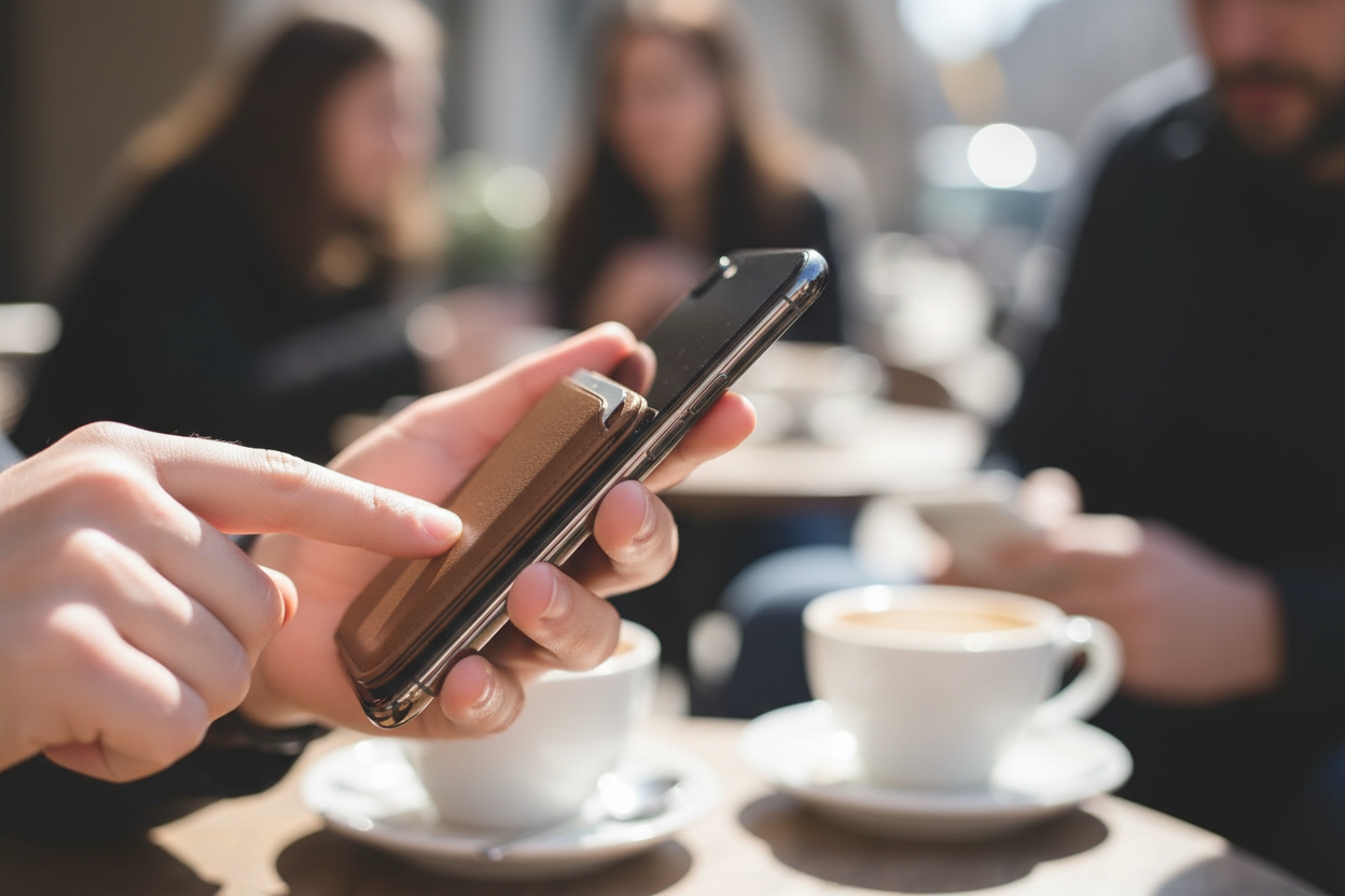 Tarjetero marrón en uso en café