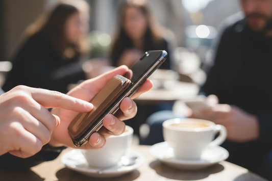Tarjetero marrón en uso en café