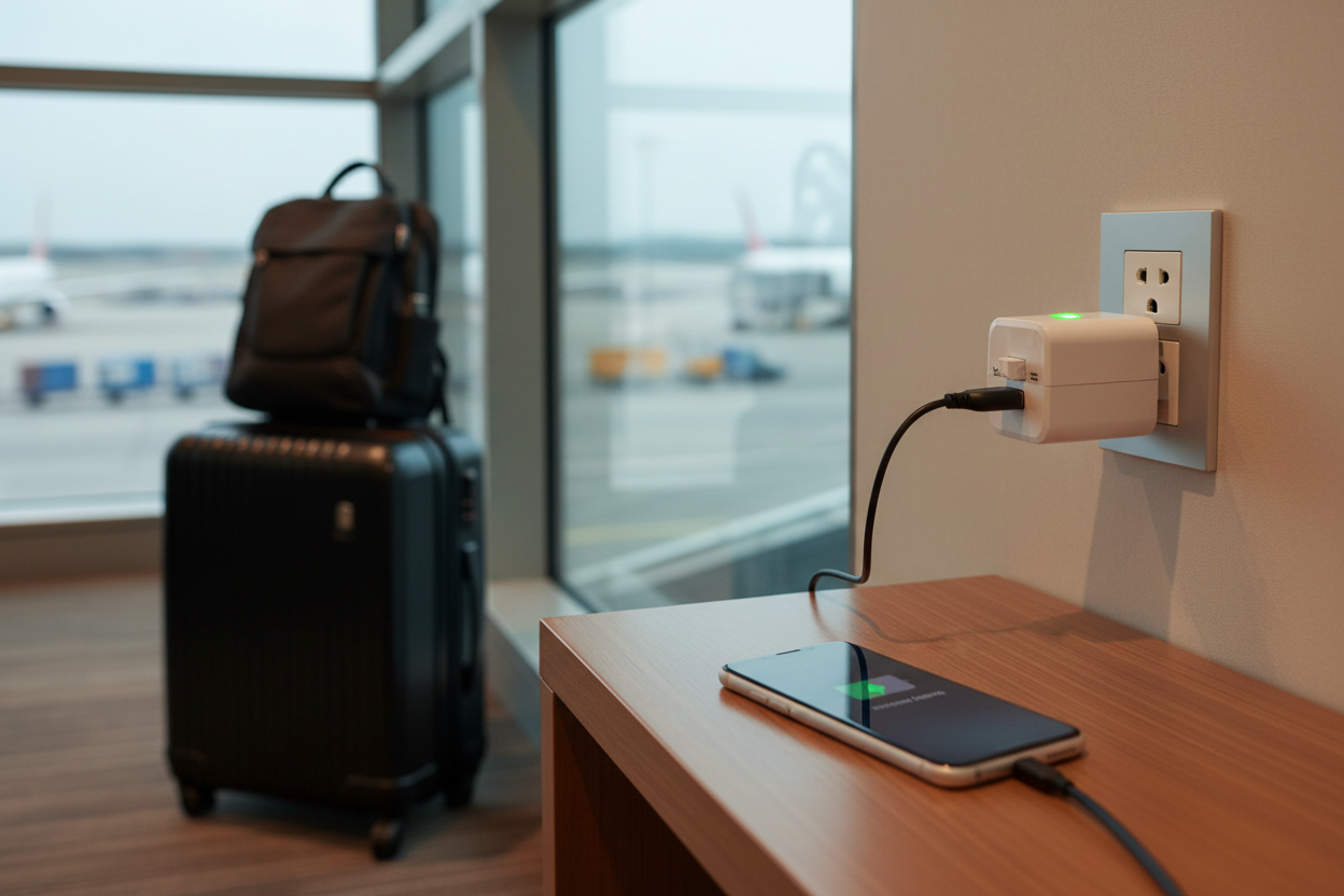 Adaptador en uso en hotel cargando dispositivos