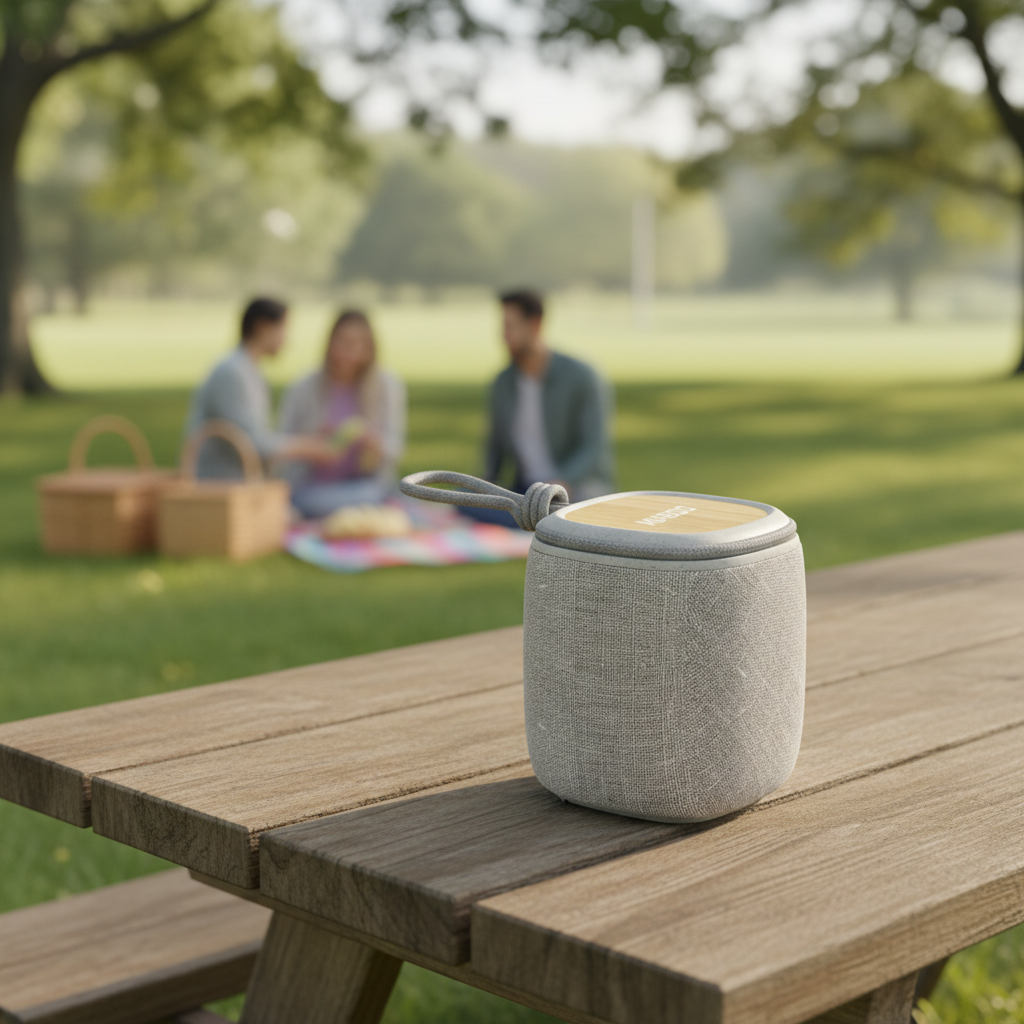 Parlante Bluetooth eco en ambiente de picnic al aire libre