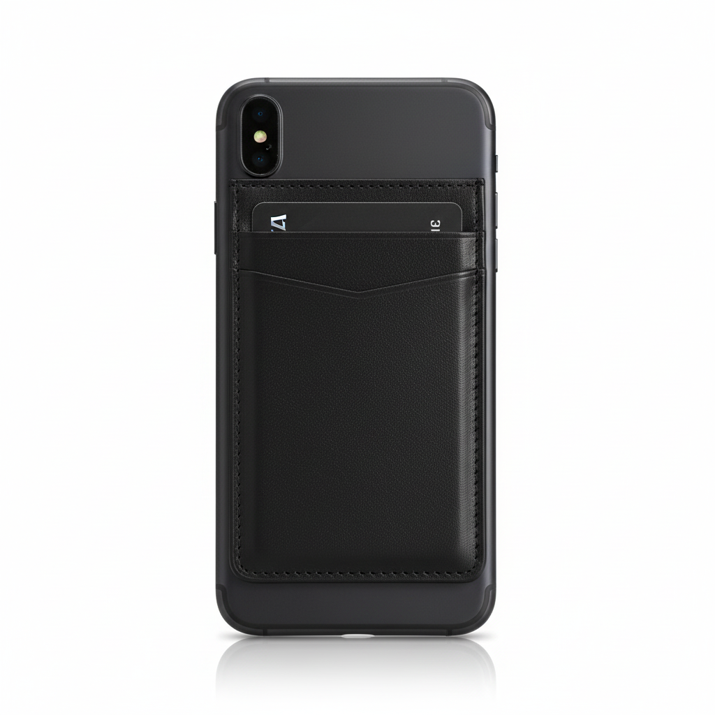 Tarjetero negro adhesivo en parte posterior del teléfono