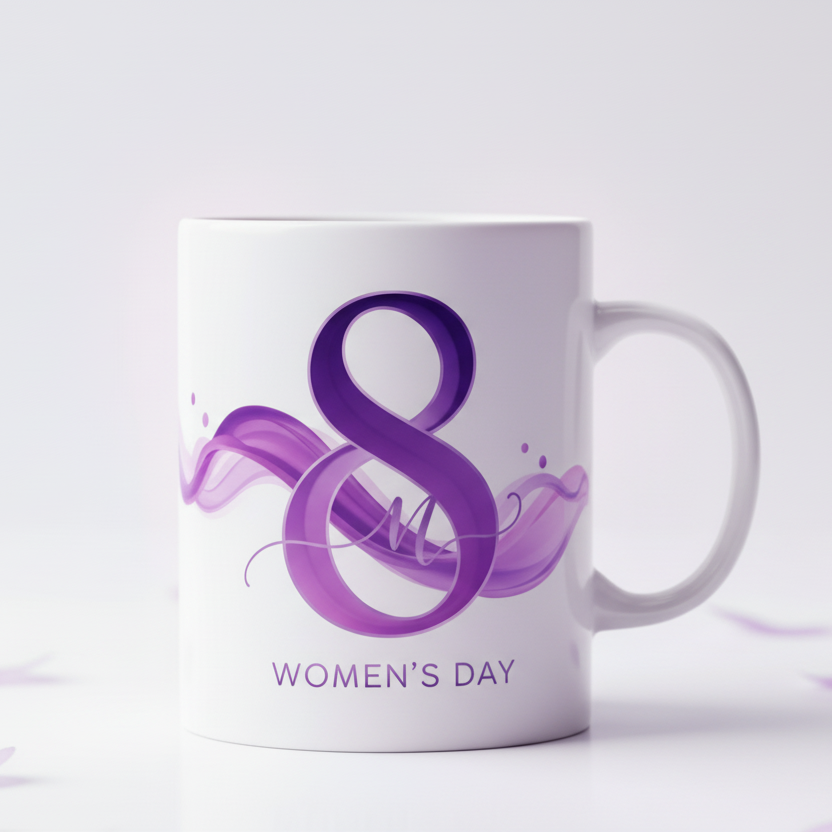 Taza de cerámica personalizada para regalos empresariales del Día de la Mujer 8M con diseño violeta
