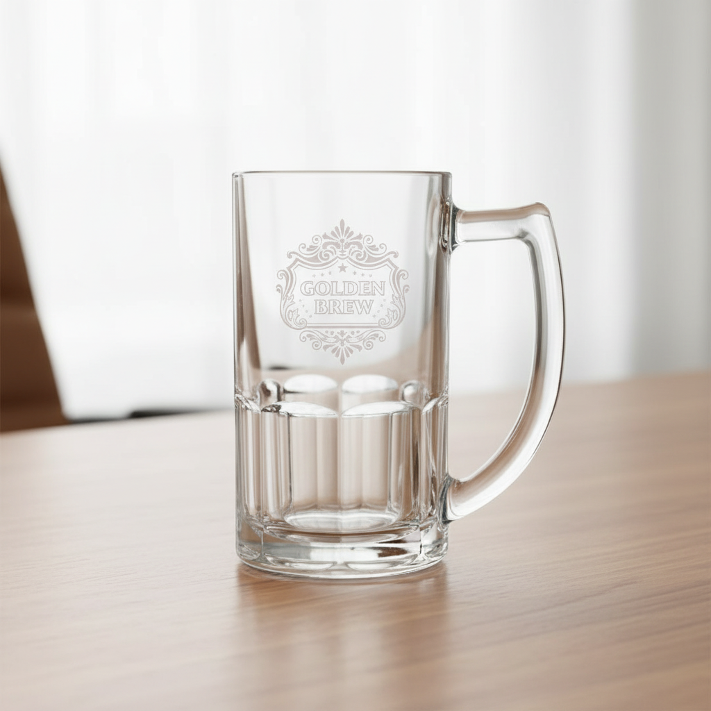 Jarra de cerveza 340 ml sobre un escritorio. Logo personalizado, regalo empresarial.