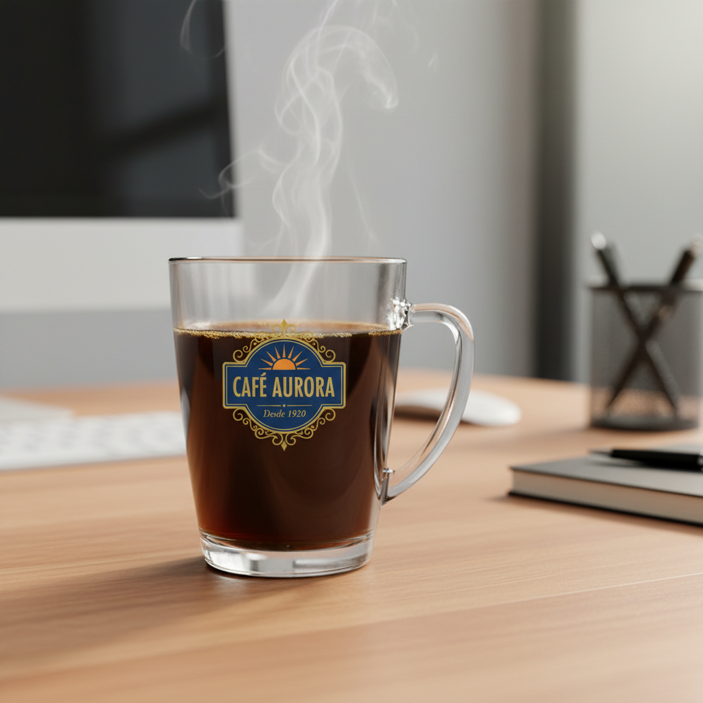 Jarra o taza mug de vidrio en escritorio. Logo personalizado, regalo empresarial.