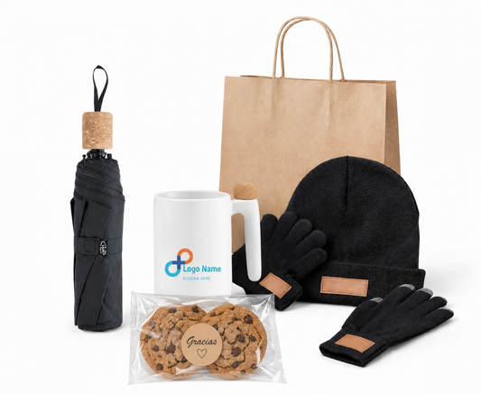 Kit Abrigo con galletas. Logo personalizado, regalo empresarial.