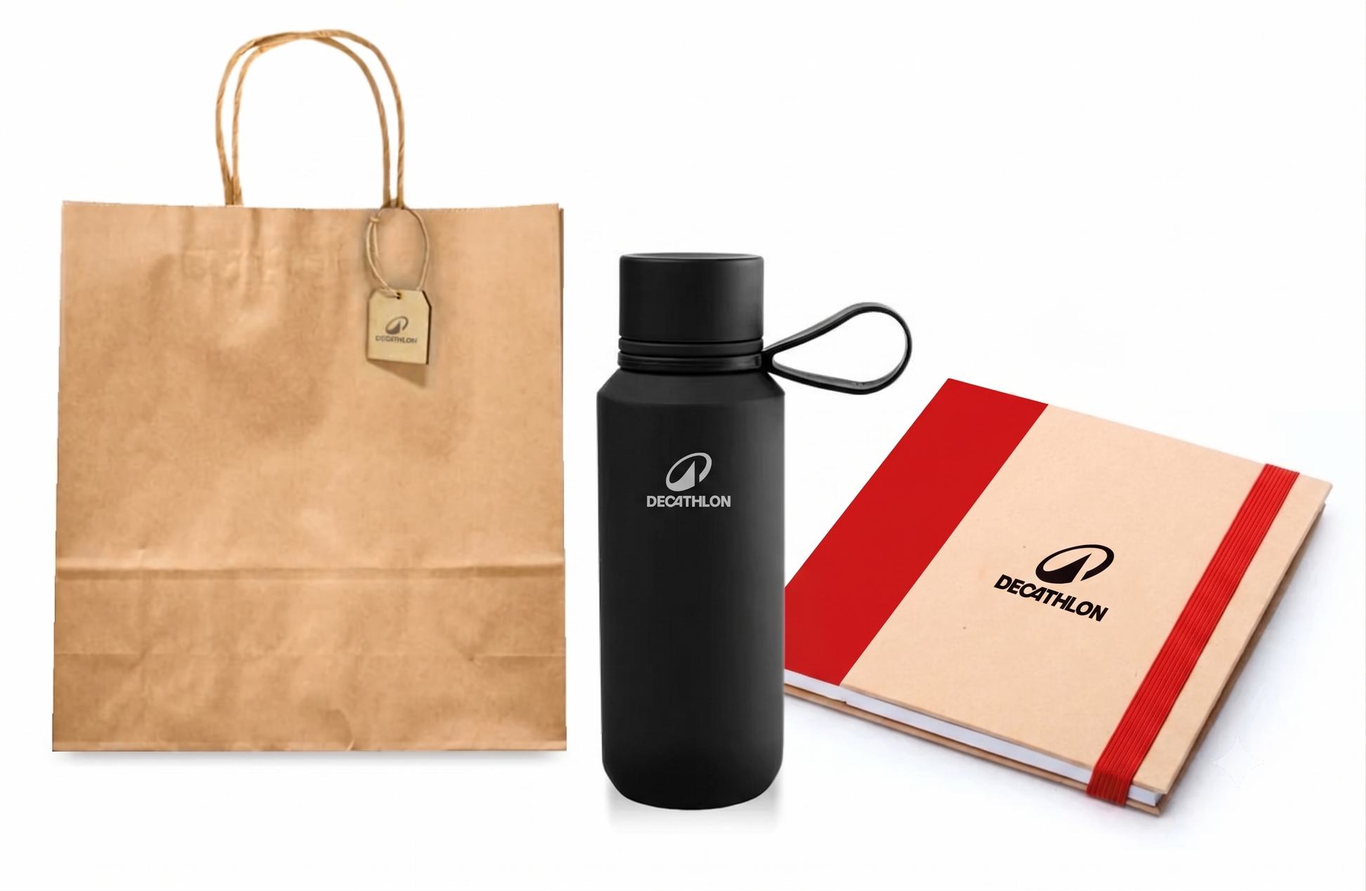 Kit de botella, block y bolsa con logo personalizado. Regalo corporativo.