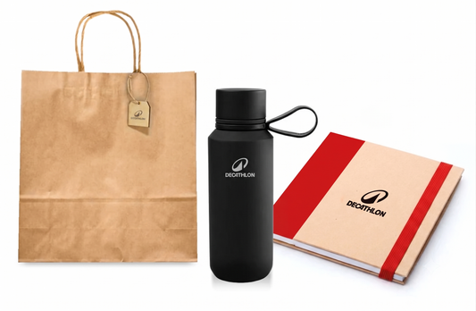 Kit de botella, block y bolsa con logo personalizado. Regalo corporativo.