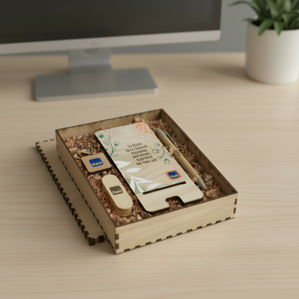 Kit Caja Natura Basic en escritorio. Logo personalizado, regalo empresarial.