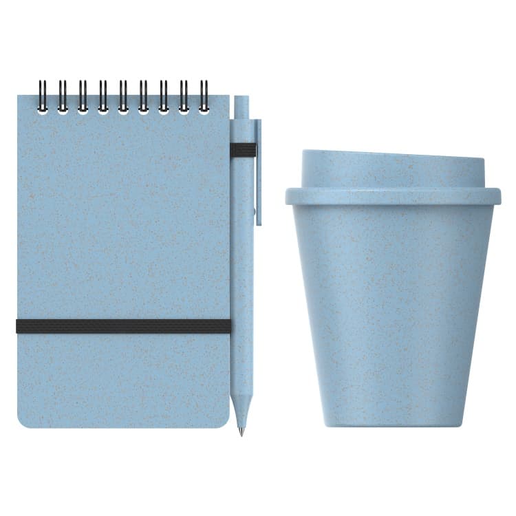 Kit Drava de materiales a base de trigo color azul. Logo personalizado, regalo empresarial.