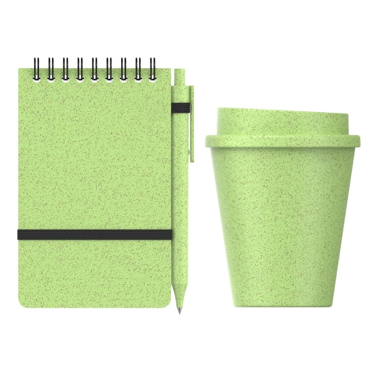 Kit Drava de materiales a base de trigo color verde. Logo personalizado, regalo empresarial.