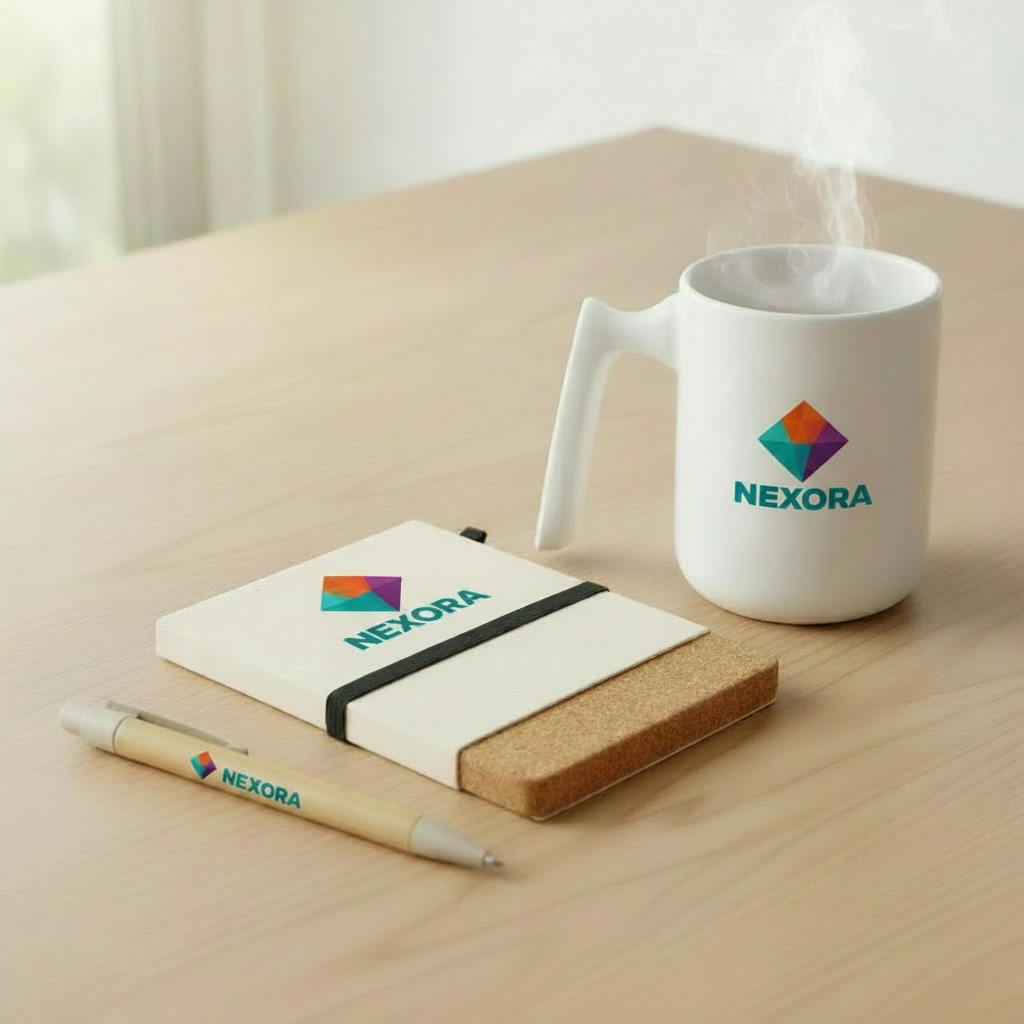 Kit ecológico. Lapicera, cuaderno y taza. Logo personalizado, regalo empresarial.